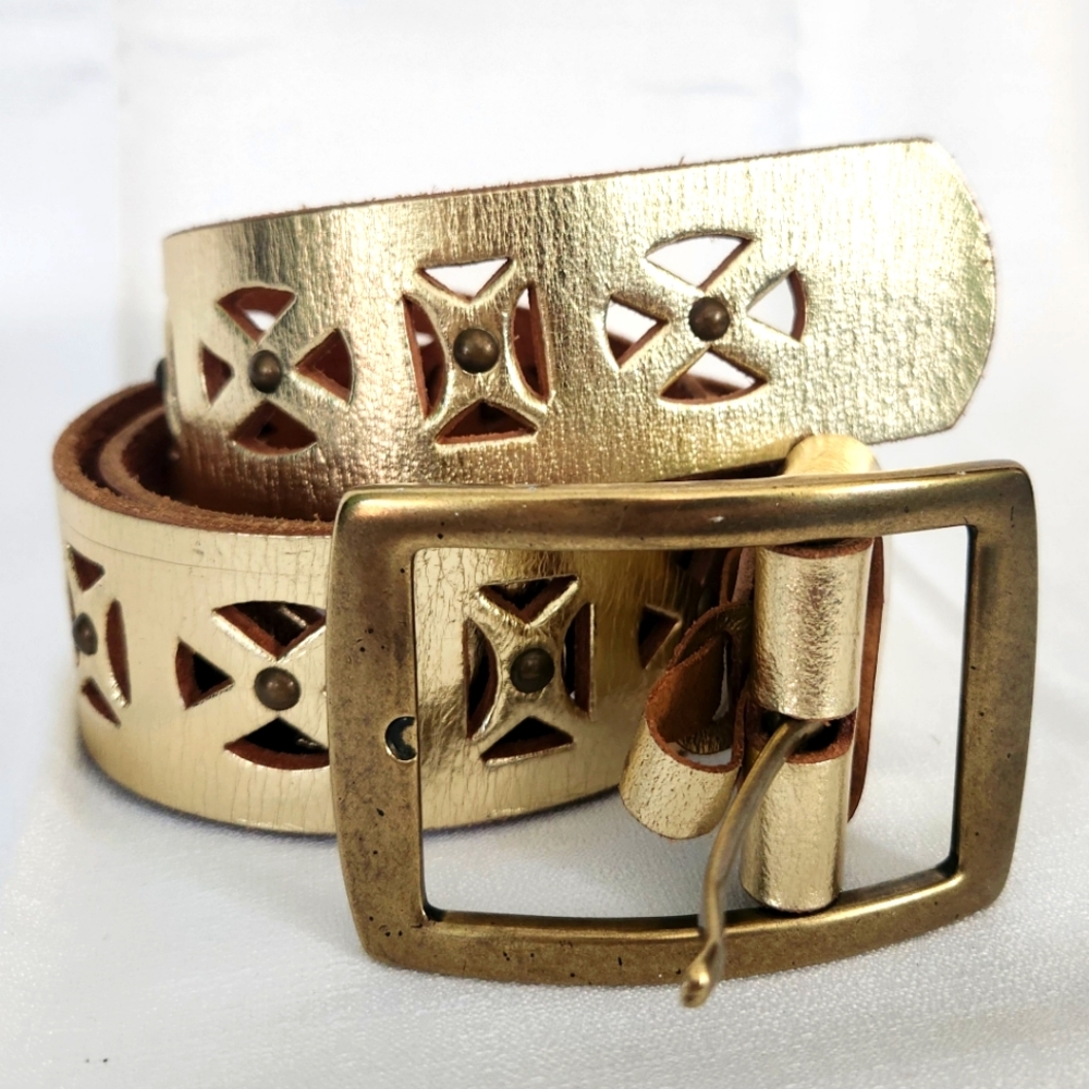 Vintage Boho Leather Gold and Brass Belt L